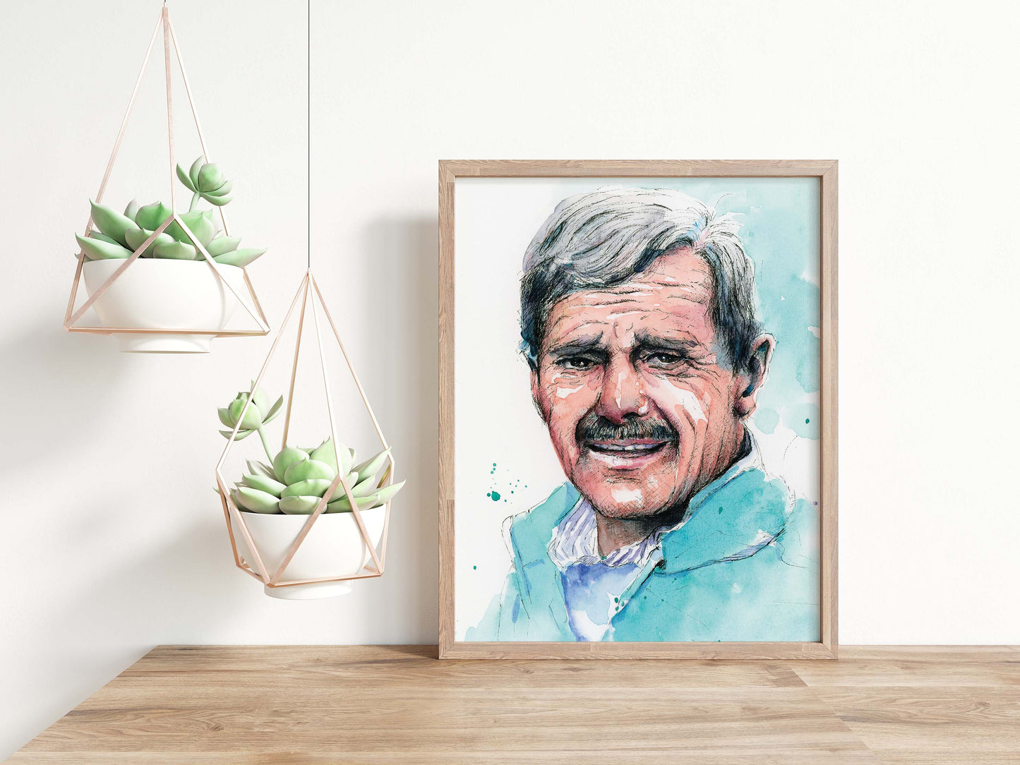 A smiling face portrait poster of a man wearing blue in watercolor