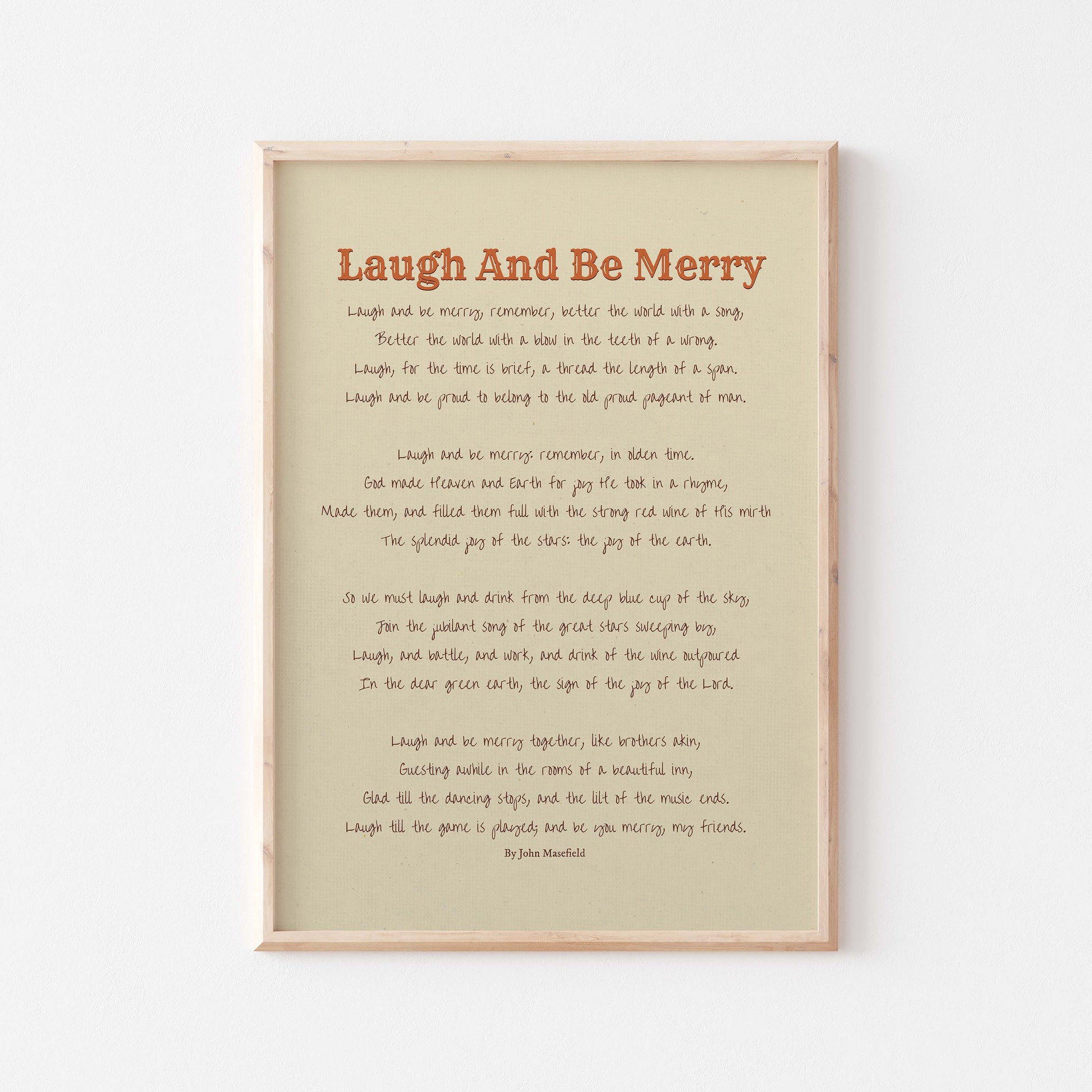 Laugh and be Merry poem poster in beige, brown & red in wood frame display