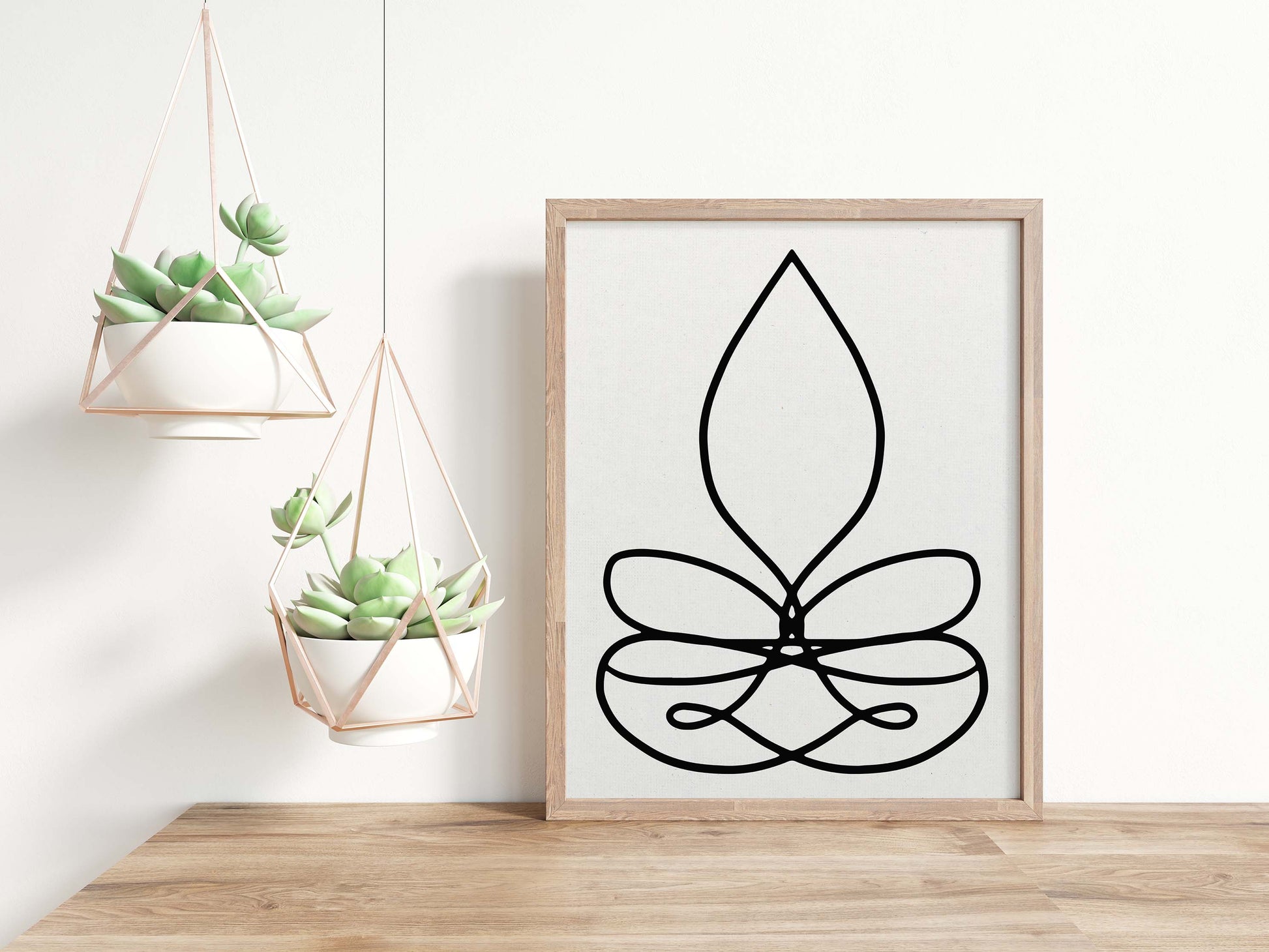 A line drawing of meditation pose in black & white Poster in beige frame
