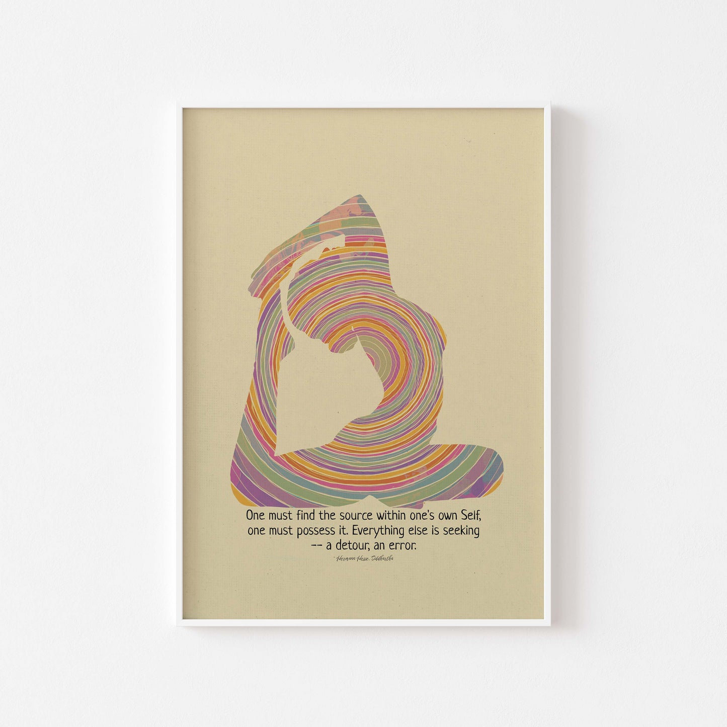 Colorful yoga Pose & a quote by Hermann Hesse, Siddhartha in white frame mockup