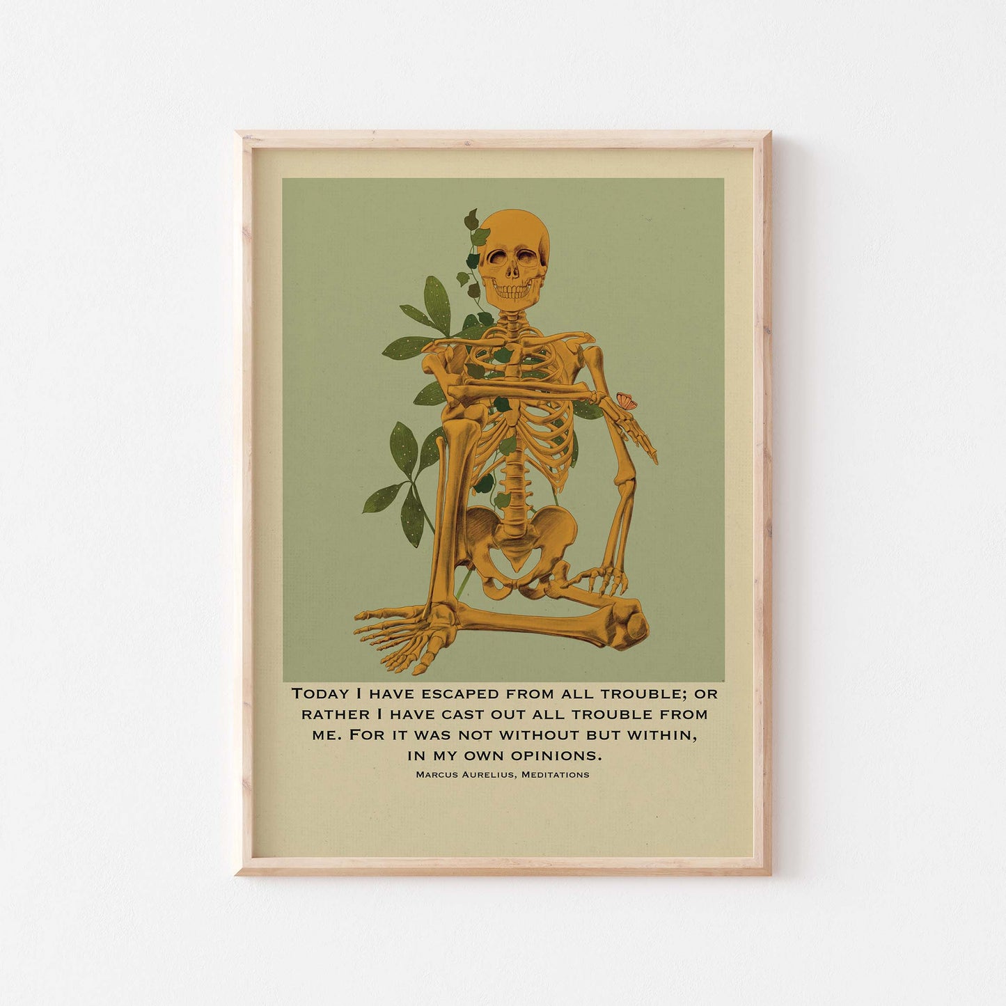 Marcus Aurelius Print and  skeleton sitting in happy pose in yellow color with green & beige background poster displayed in beige frame