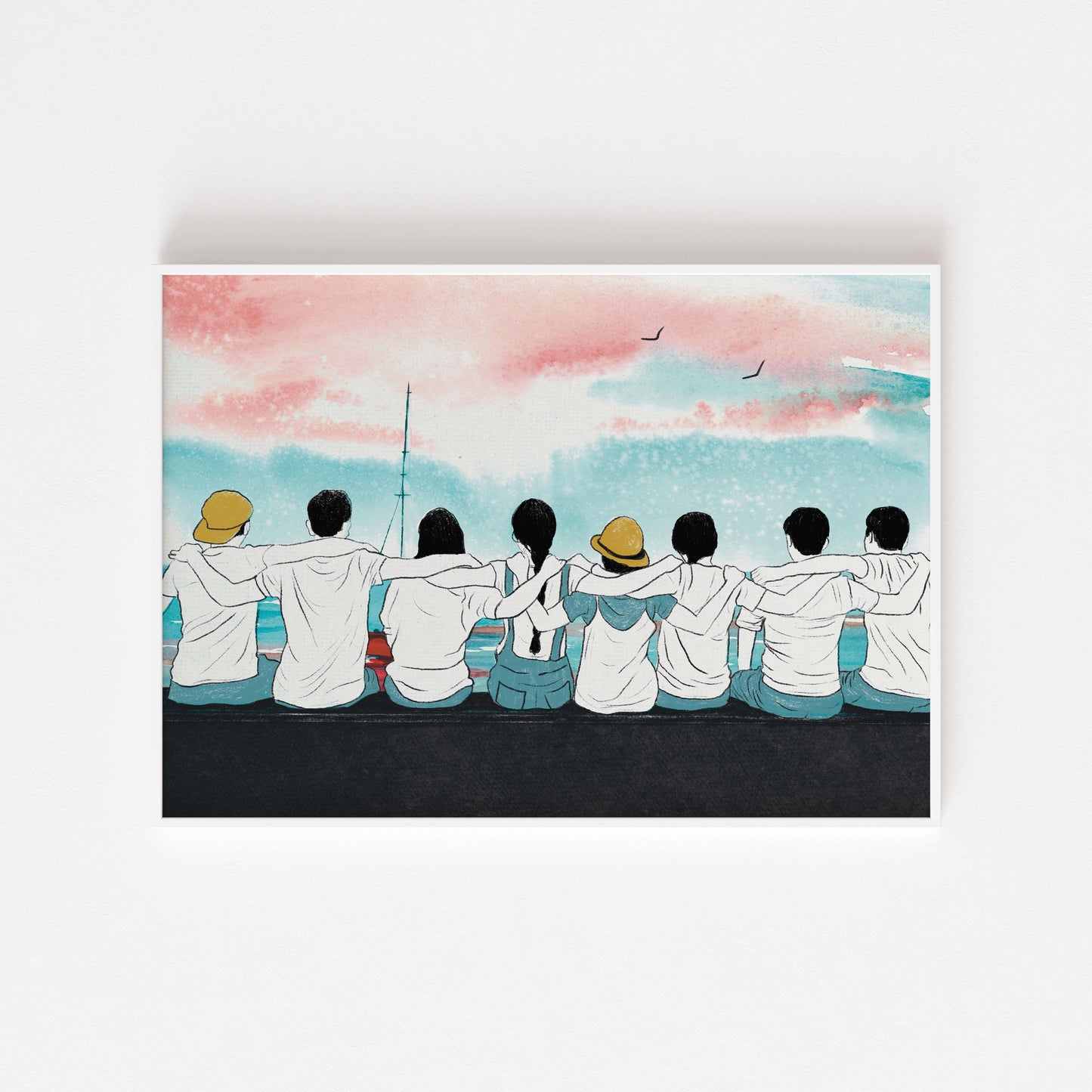 Friends sitting together by the sea poster in white frame mockup