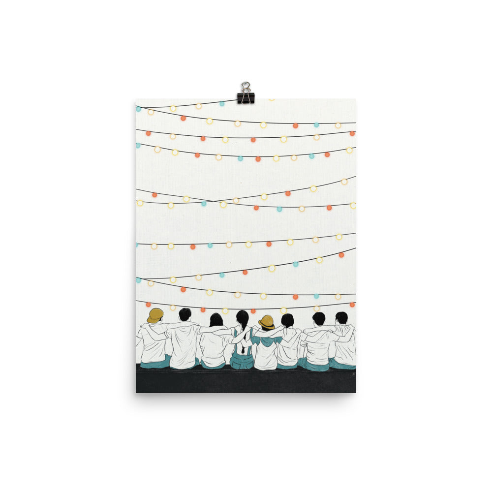 Friends sitting together & string of lights poster 12x16