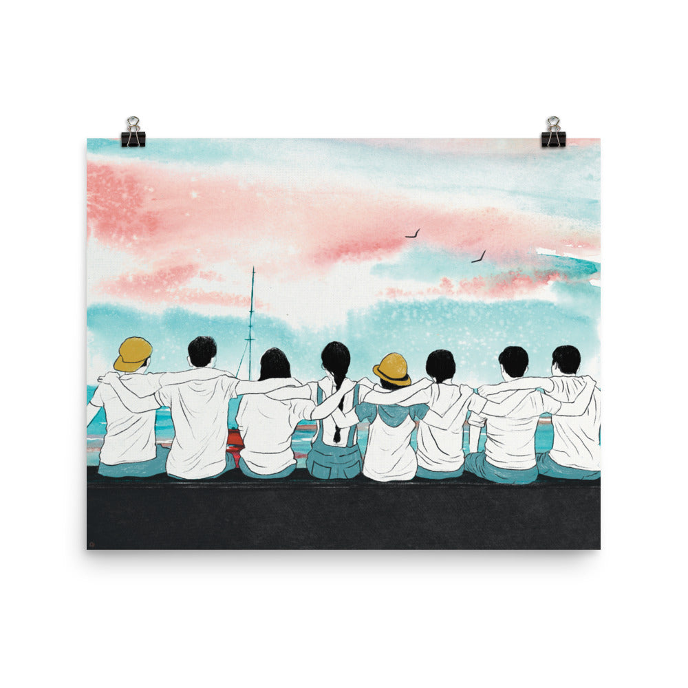 Friends sitting together by the sea poster 16x20