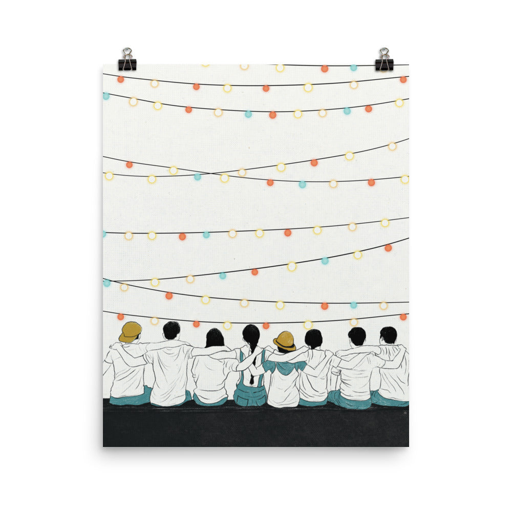 Friends sitting together & string of lights poster 16x20