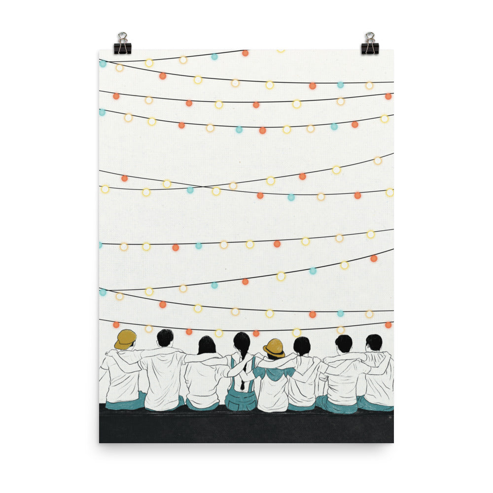 Friends sitting together & string of lights poster 18x24