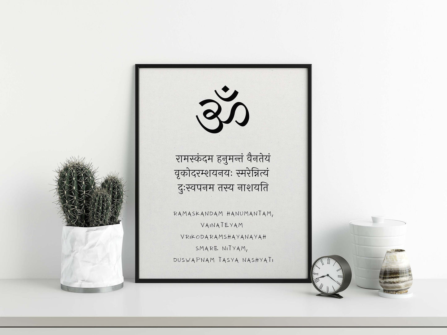 Hanuman Sleep mantra Chant for meditation Poster in black & white in black frame mockup