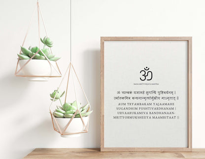 maha mrityunjaya mantra in sanskrit & english poster in black & white in wood frame mockup