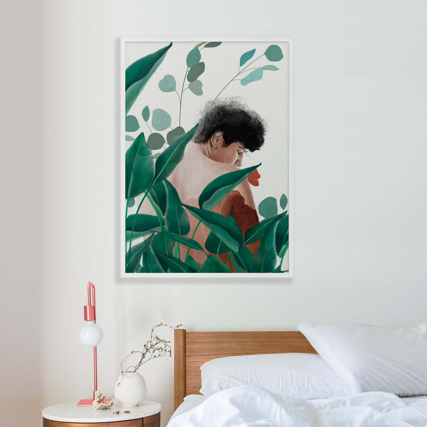 A boy & a butterfly surrounded with plants poster in green, white, peach, brown & orange in wood frame mockup bedroom