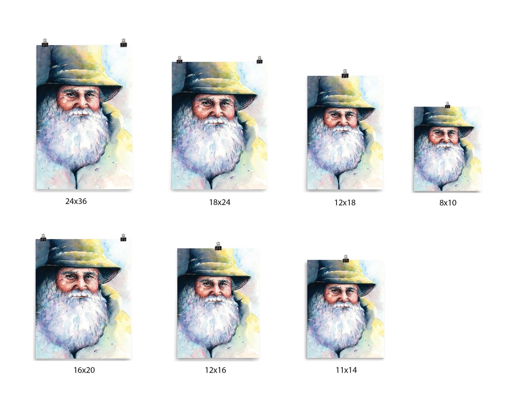 watercolor portrait art of an old man in hat with big white beard posters in 24x36, 18x24, 16x20, 12x18, 12x16, 11x14 & 8x10 inches.
