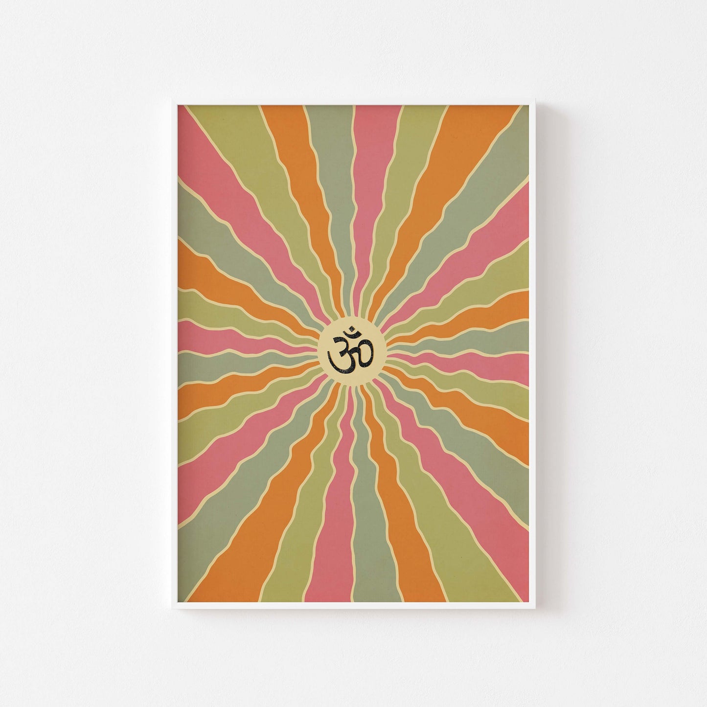 Om in sanskrit on a colorful spiral design poster in white frame mockup