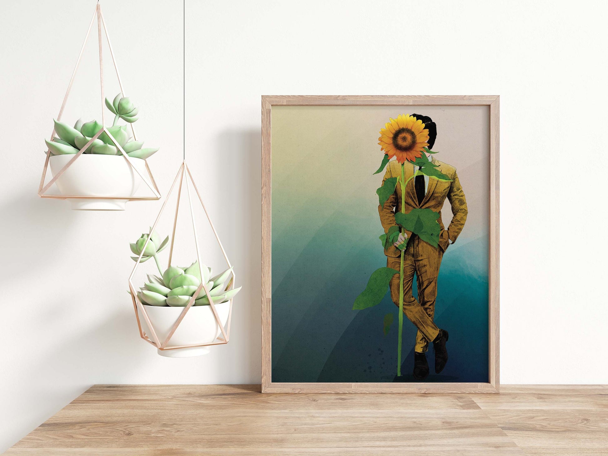 Man in yellow suit holding sunflower on gradient blue background poster 24x36 in wood frame