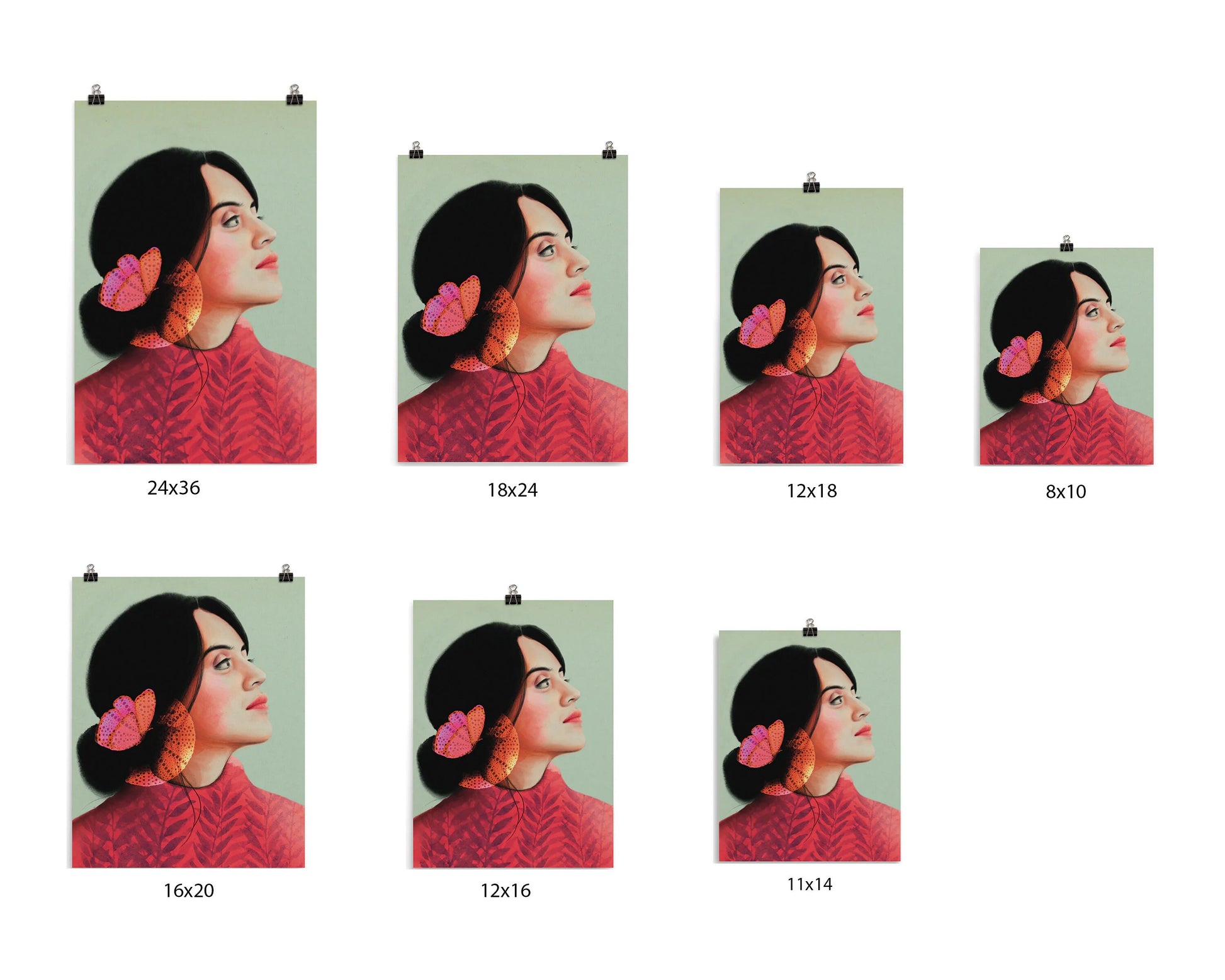 A side face portrait of a light skinned woman with black hair in bun in pinkish red dress with leaves pattern wearing a big earring & a orange, pink butterfly on  green background art posters in 24x36, 18x24, 16x20, 12x18, 12x16, 11x14 & 8x10 inches