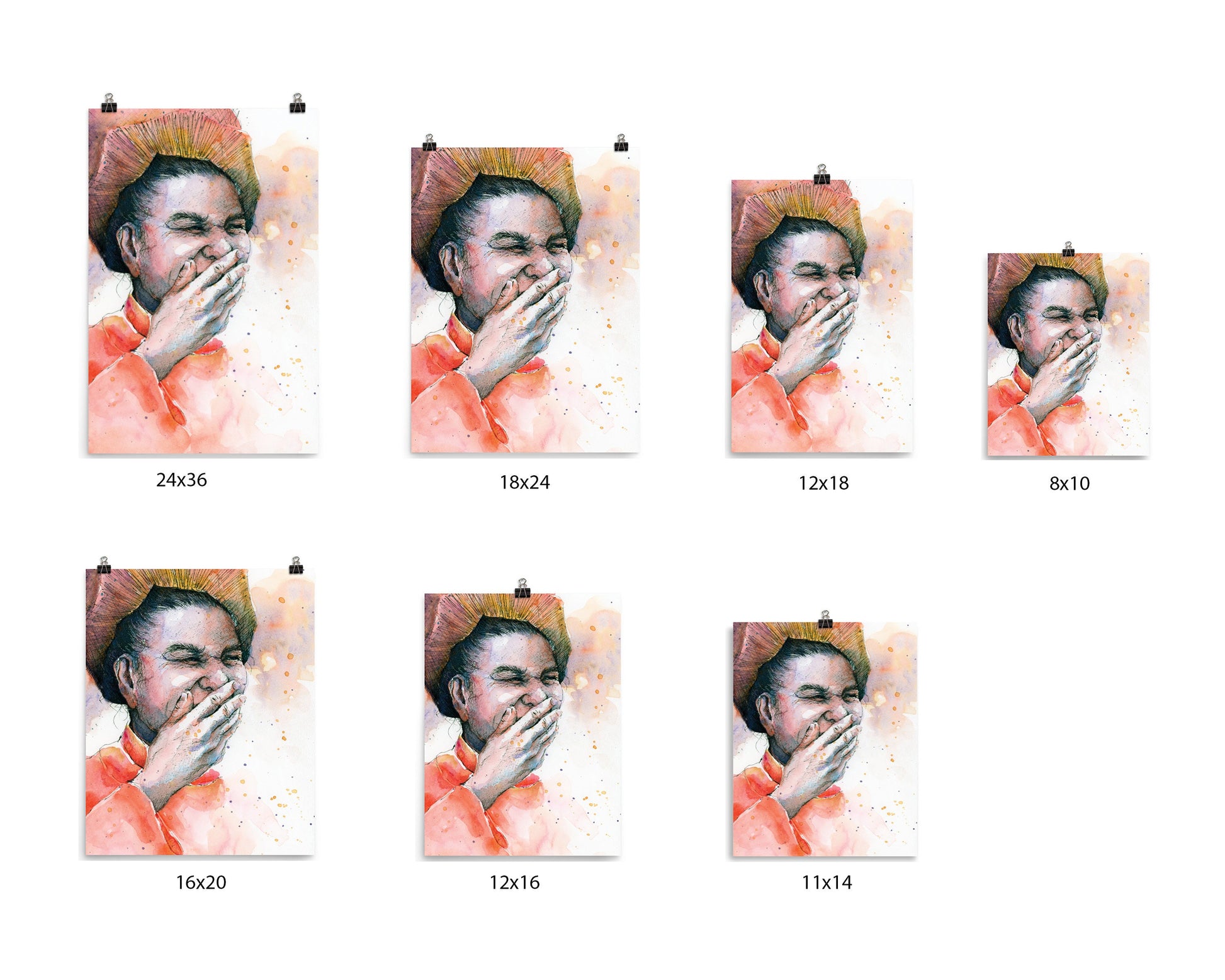 Posters of an Old Woman laughing in orange, yellow & purple in 24x36, 18x14, 16x20, 12x18, 12x16, 11x14 & 8x10 inches.