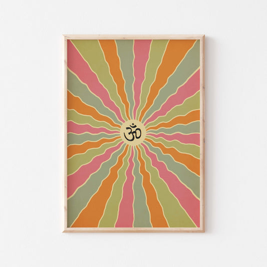 Om in sanskrit on a colorful spiral design poster in wood frame mockup