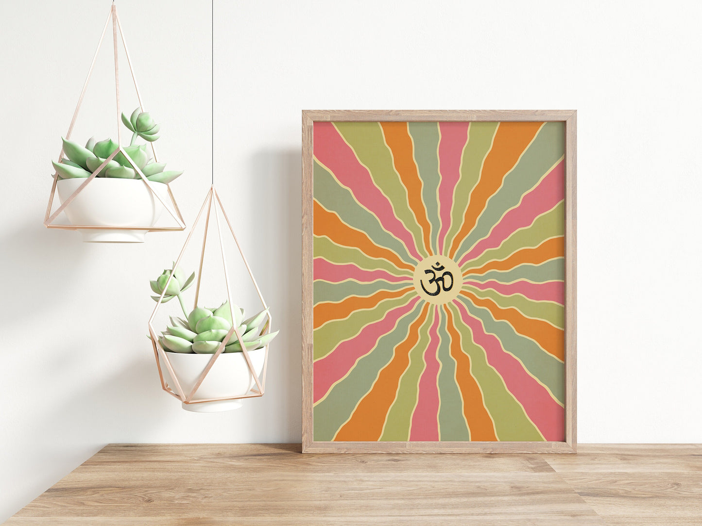 Om in sanskrit on a colorful spiral design poster in wood frame mockup