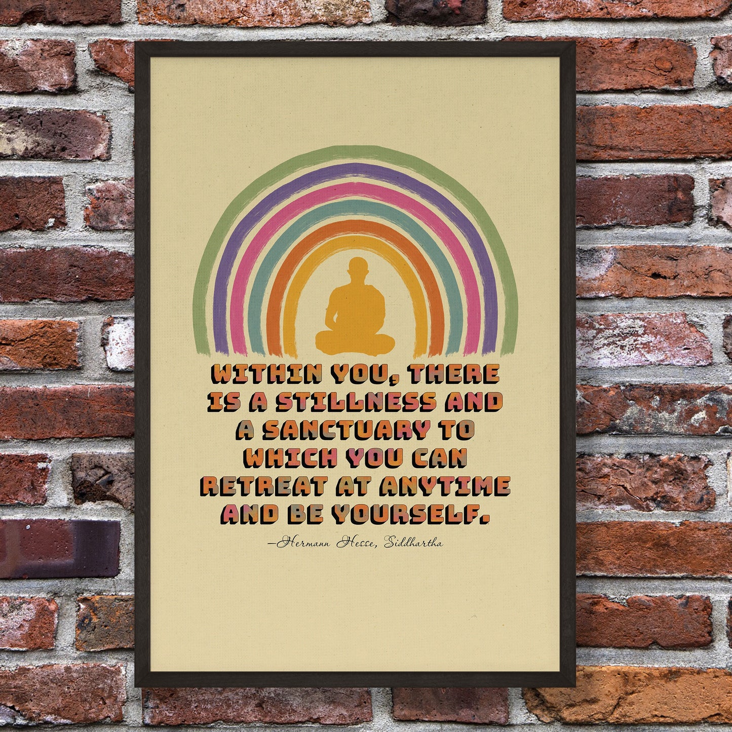 Siddhartha quote on inner stillness by Hermann Hesse & an illustration of a person meditating surrounded with rainbow poster in black frame mockup