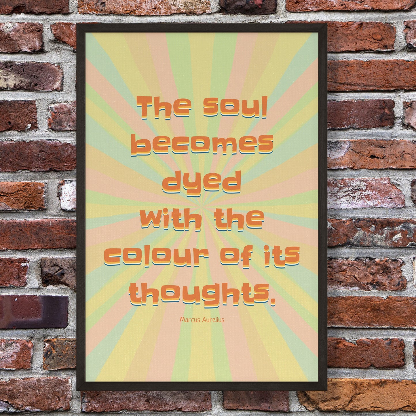 marcus aurelius print in colorful pastel colors background design in black frame mockup