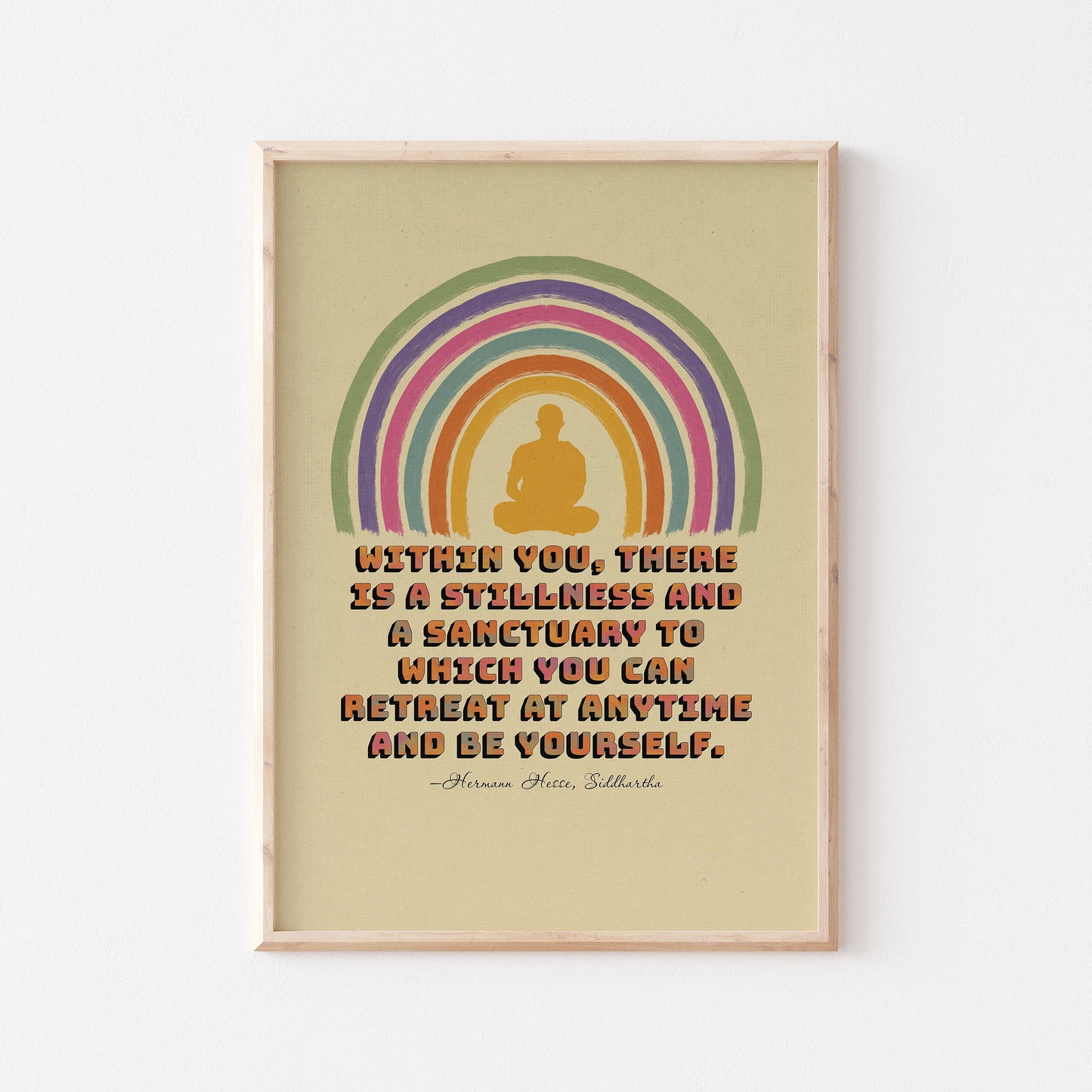 Siddhartha quote on inner stillness by Hermann Hesse & an illustration of a person meditating surrounded with rainbow poster in wood frame mockup