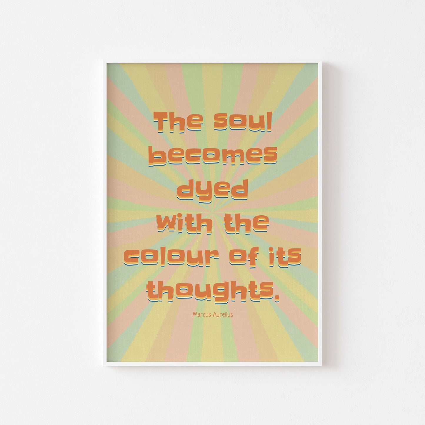 marcus aurelius print in colorful pastel colors background design in white frame mockup