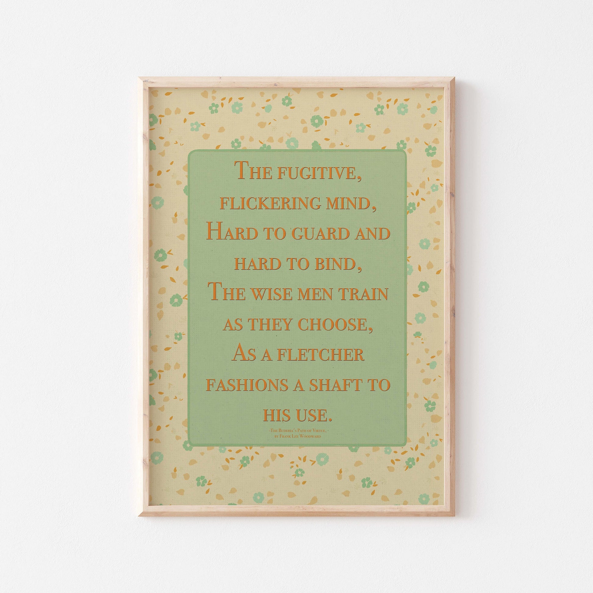 Dhammapada quote on mind poster in pastel colors with floral design in wood frame display