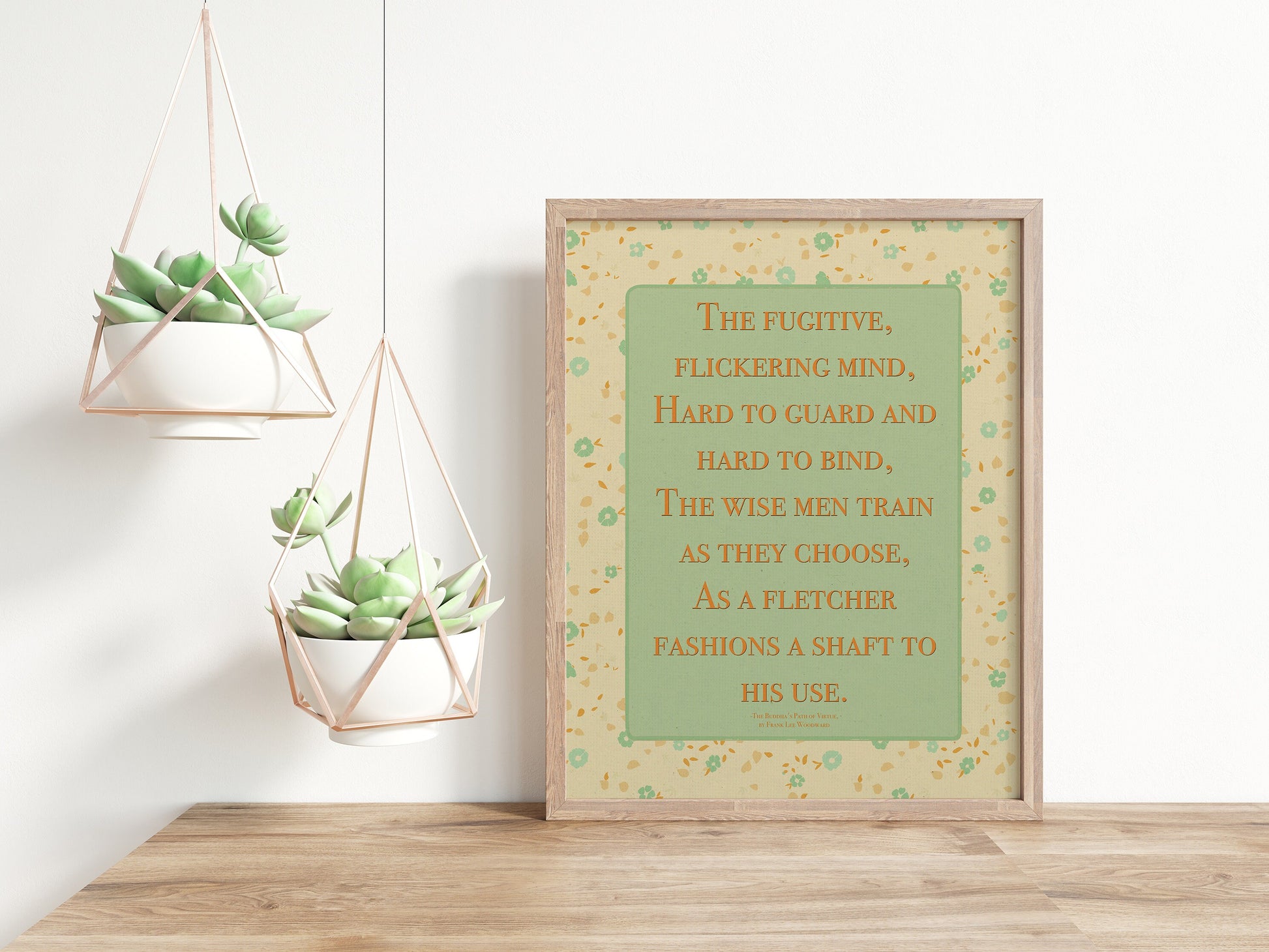 Dhammapada quote on mind poster in pastel colors with floral design in wood frame display