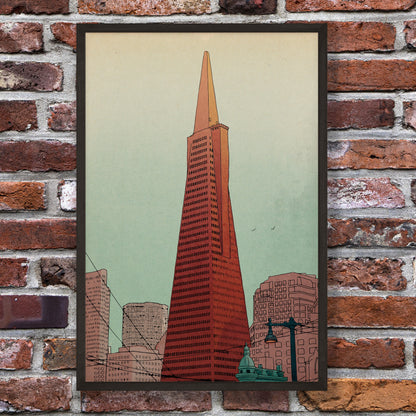 San Francisco Illustrated poster featuring Transamerica Pyramid displayed in black frame.