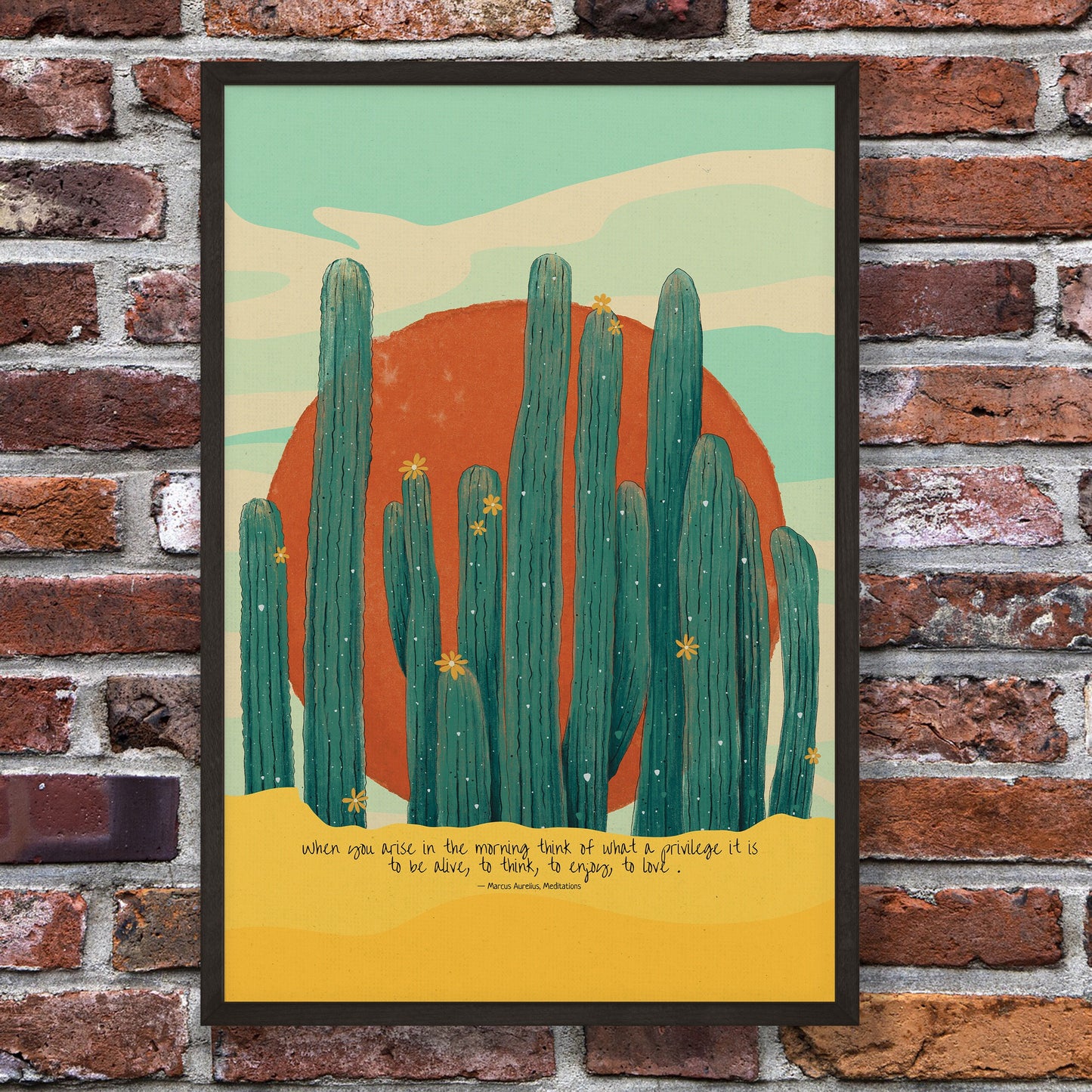 Marcus Aurelius quote for gratitude for life and a scenic illustration of Sun & cactus poster in black frame mockup