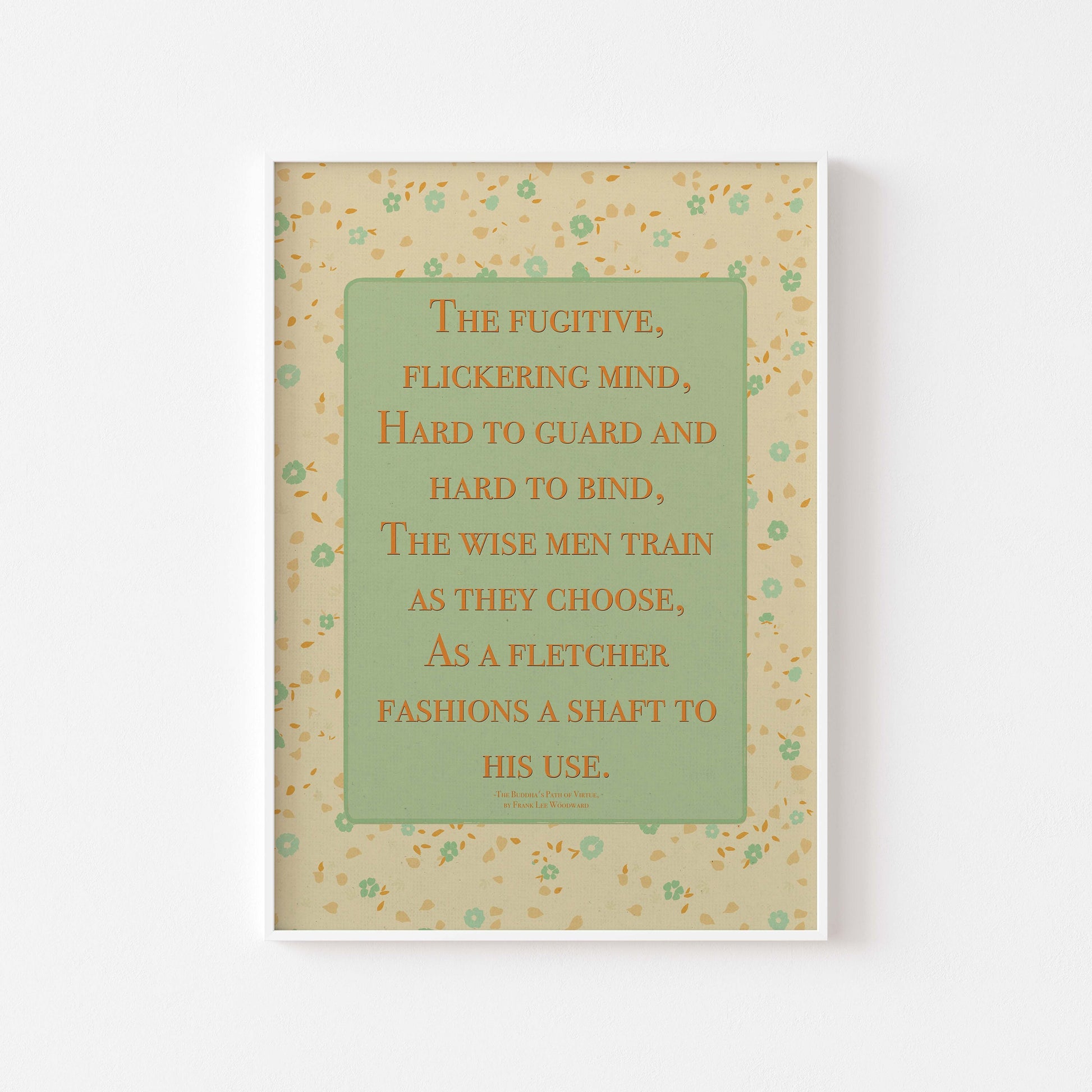 Dhammapada quote on mind poster in pastel colors with floral design in white frame mockup