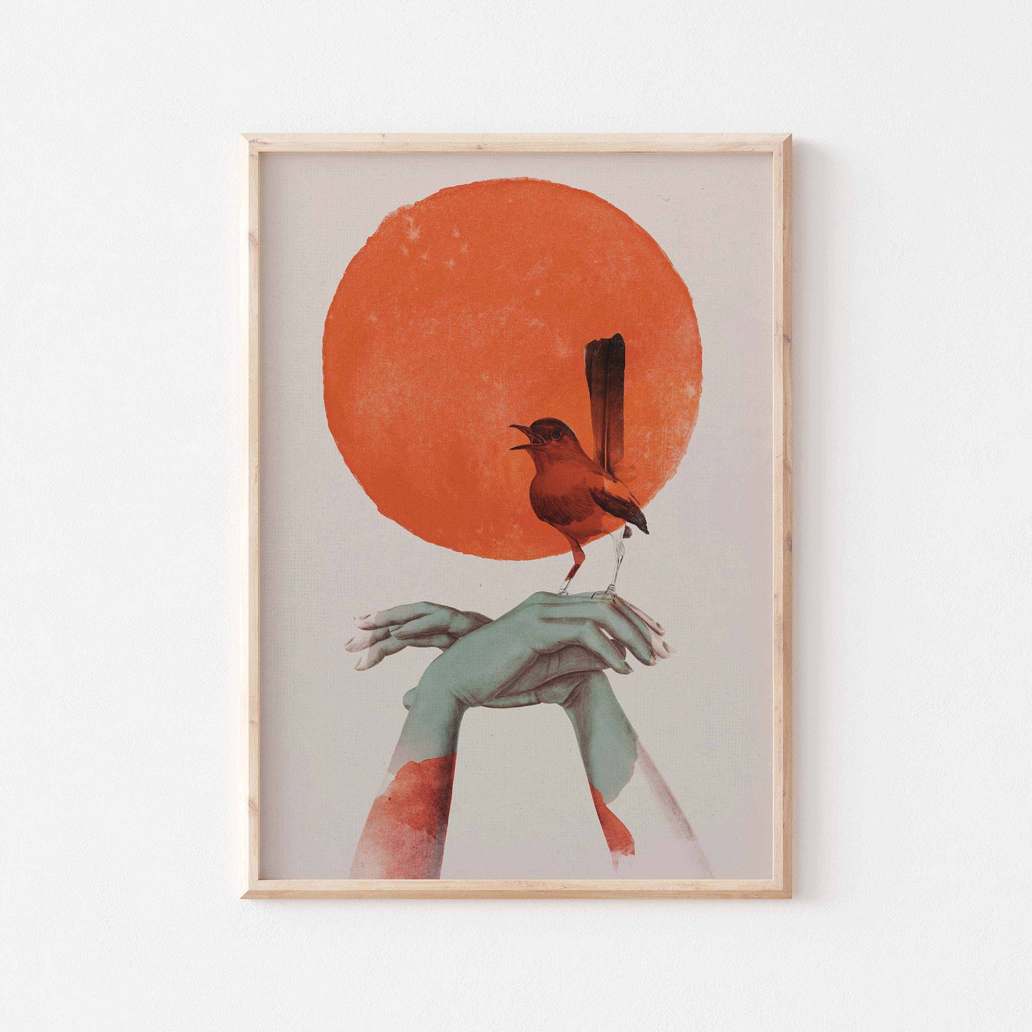 Singing bird on hands with morning sun art print