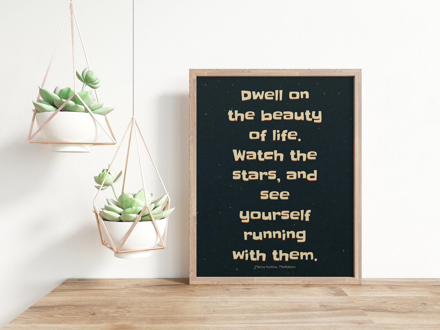 dwell on beauty of life by marcus auelius stoic poster in black, beige & Orange in wood frame