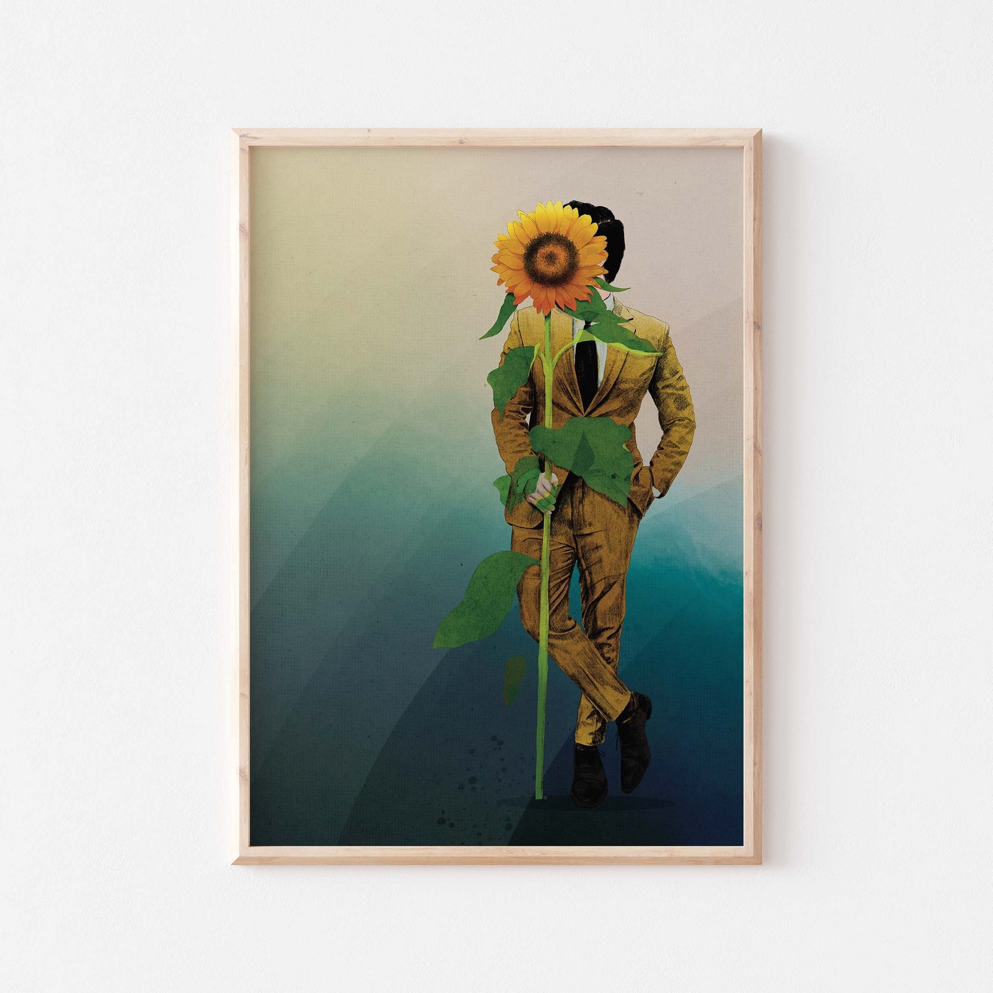 Man in yellow suit holding sunflower on gradient blue background poster