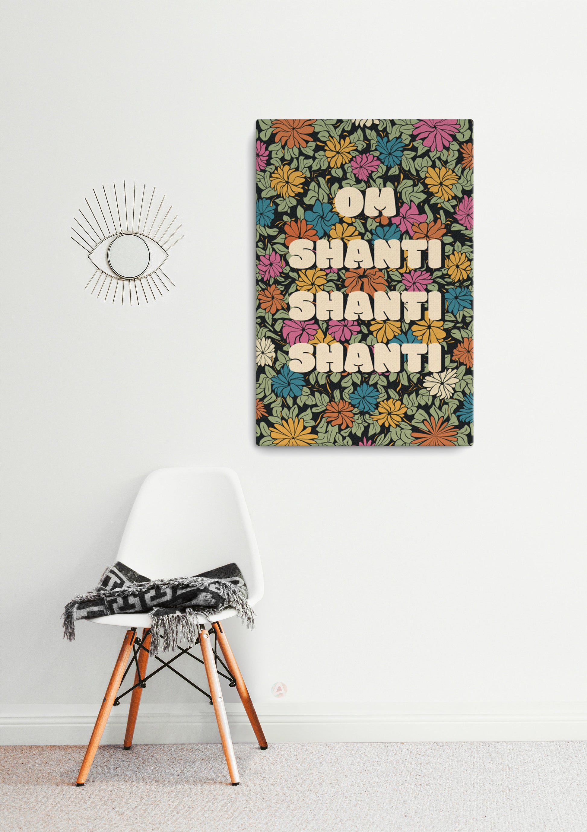 Om Shanti Mantra art print on floral colorful background art poster
