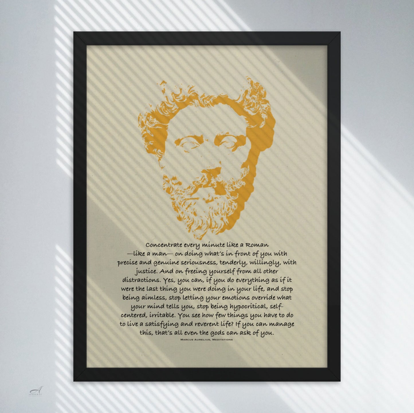 Marcus Aurelius quote Print black on light beige with Marcus Aurelius portrait illustration in yellow color black framed art poster