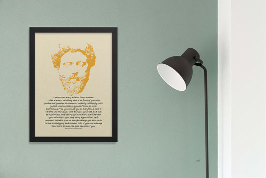 Marcus Aurelius quote Print black on light beige with Marcus Aurelius portrait illustration in yellow color black framed art print