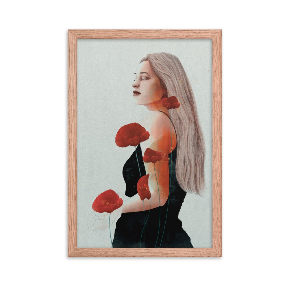 Woman Art Poster, Red Poppy Flowers, Posters & Prints