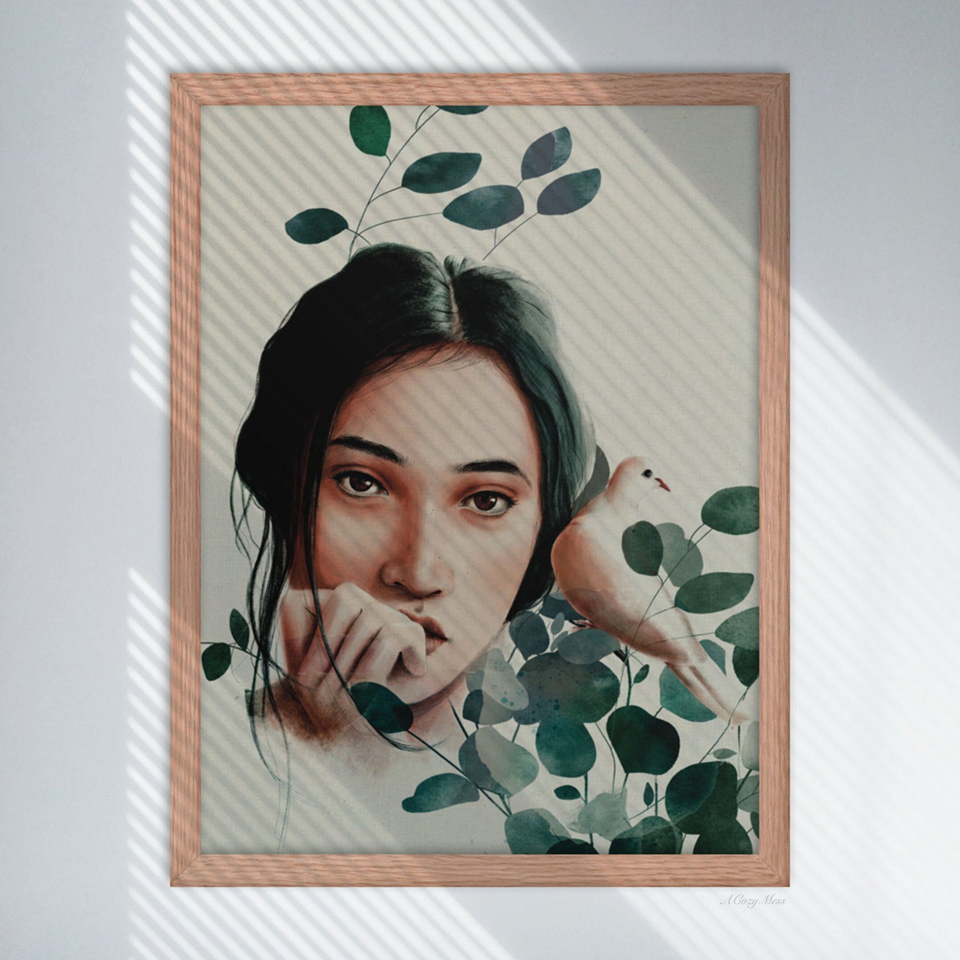 Girl with bird  in beige, green & peach colors art poster in oak wood frame