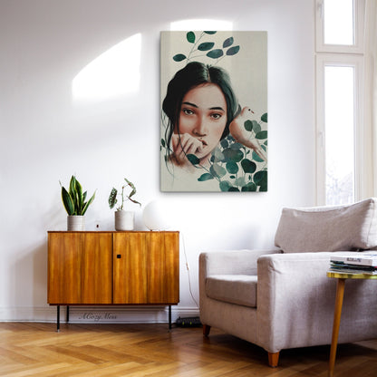 Nature inspired woman surrounded with green leaves  and a dove canvas wall art print.