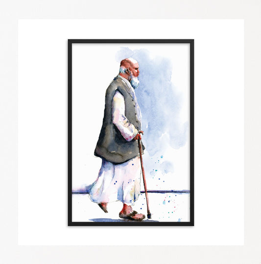 Watercolor Paintings, Fine Art Print, Old man Walking, Poster/Framed Poster/Canvas