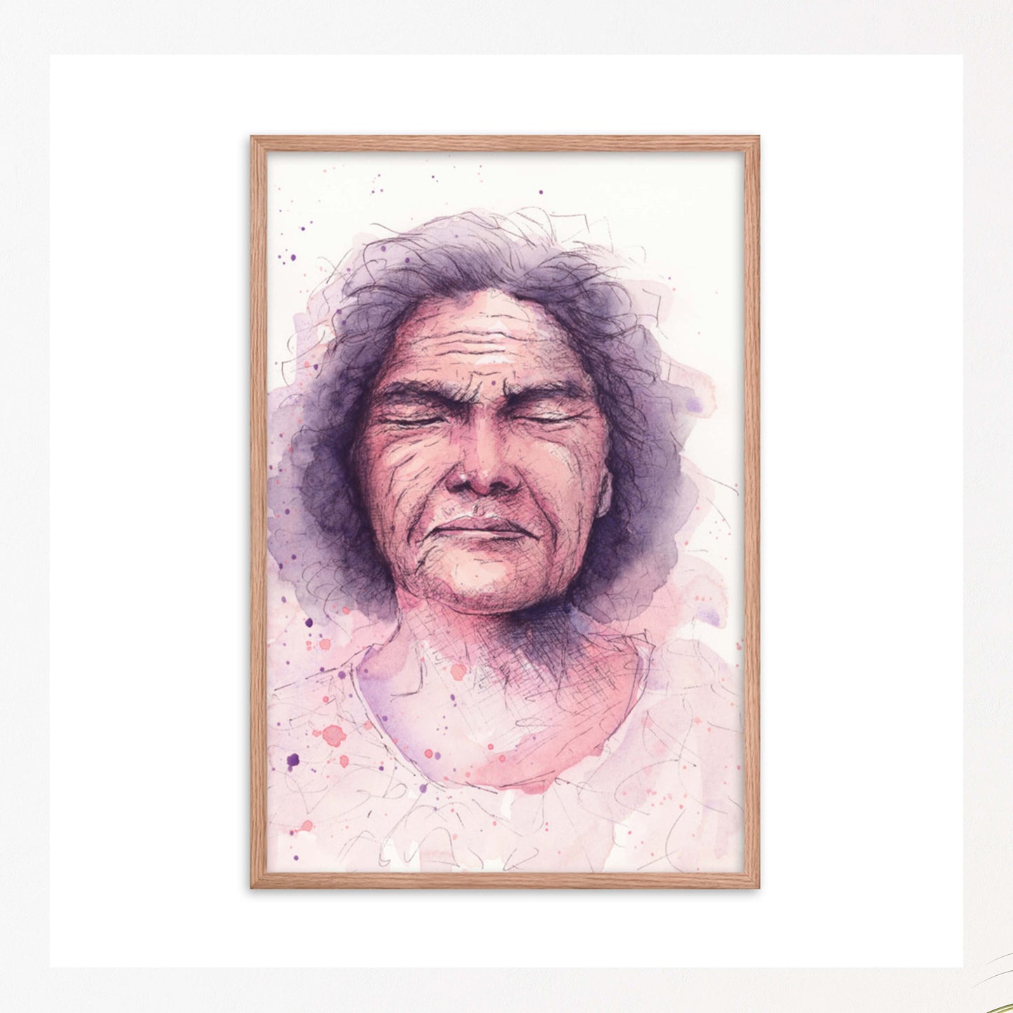 Oak Wood Framed Watercolor portrait of an old woman in watercolor & pen, purple, pink, white colors