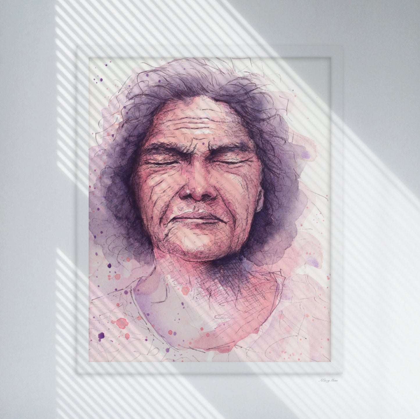 White Framed Watercolor portrait of an old woman in  purple, pink, white colors