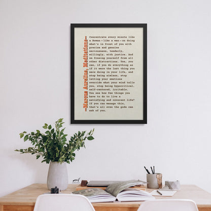 Be Like Roman, Marcus Aurelius print, brown, orange on beige displayed in black frame on a study or office wall.