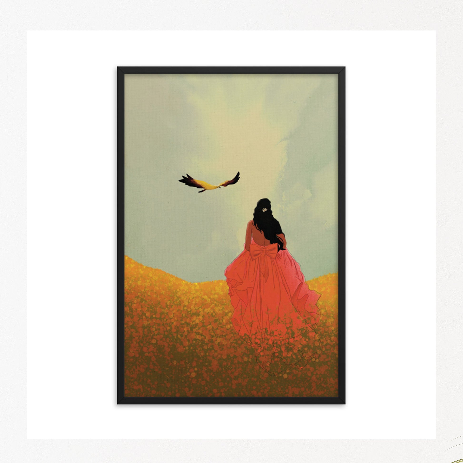 Woman in bright red dress in yellow, orange flower field & a bird flying in blue sky in black frame