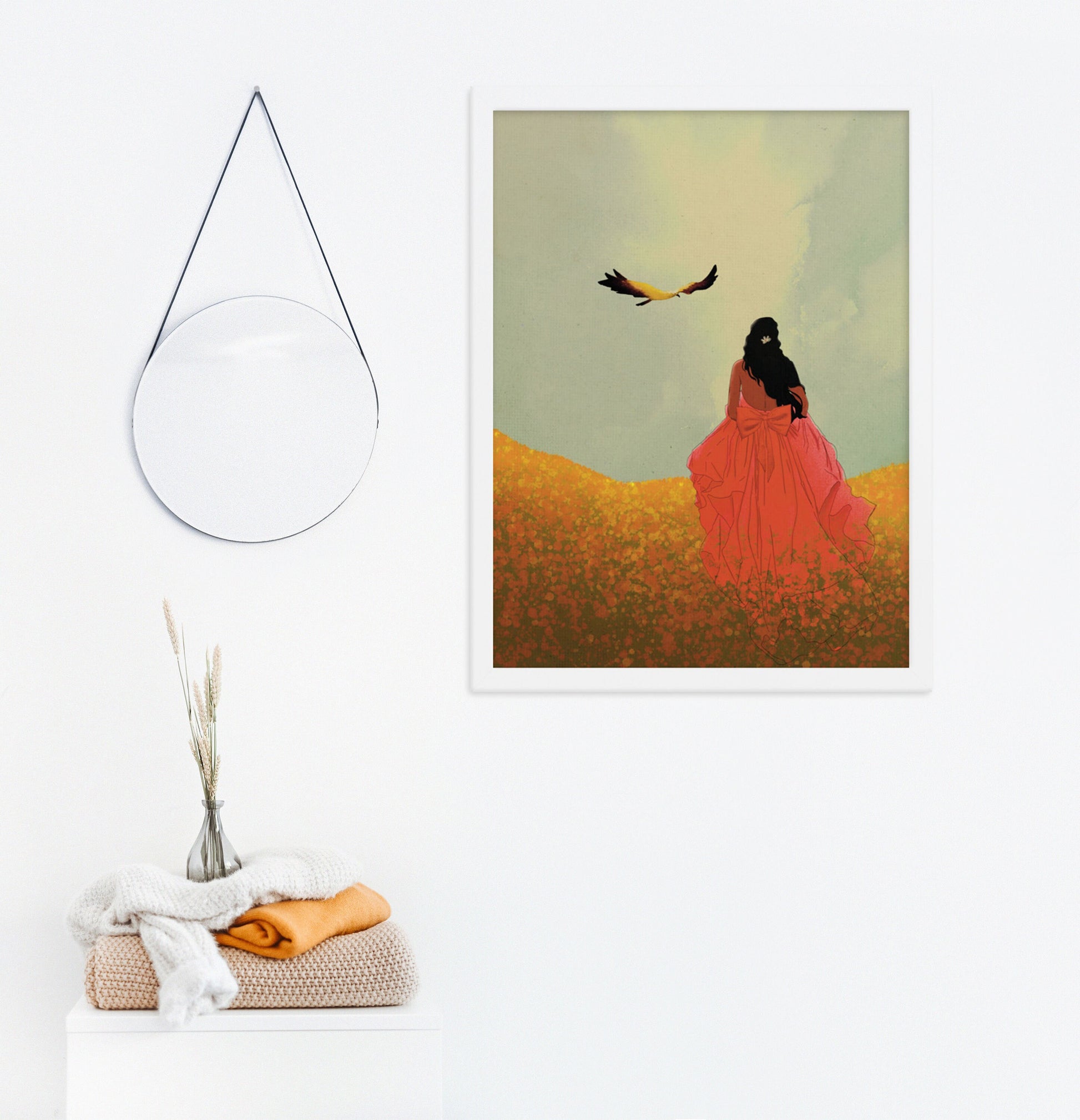 Woman in bright red dress in yellow, orange flower field & a bird flying in blue sky in white frame