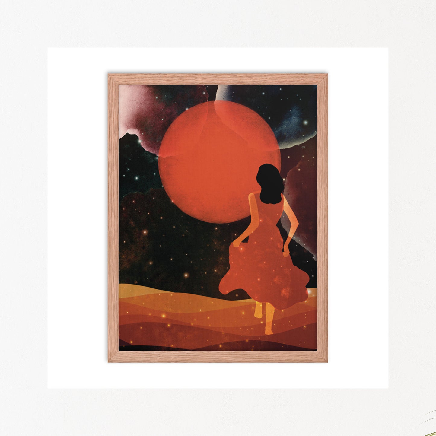 Girl in red orange dress celestial art in oak frame