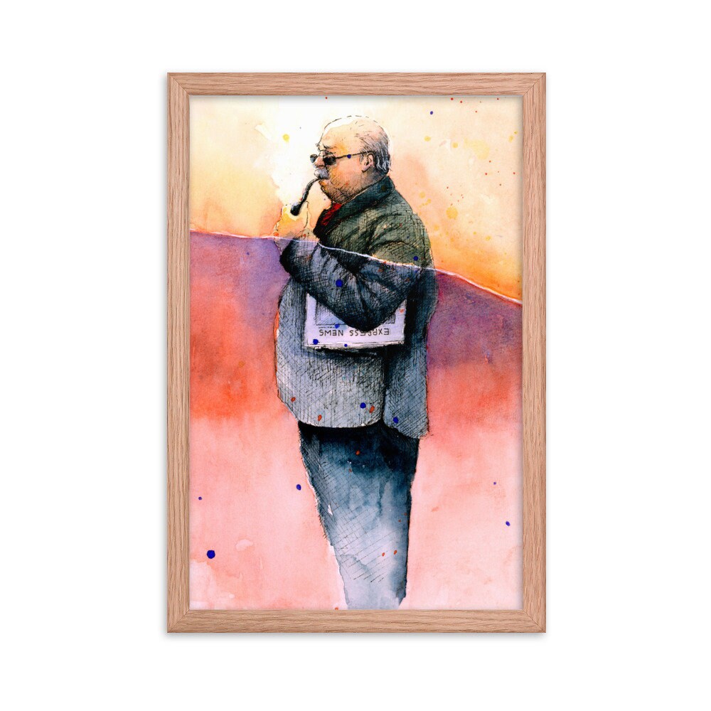 Old Man in suit with newspaper color painting in oak wood frame.