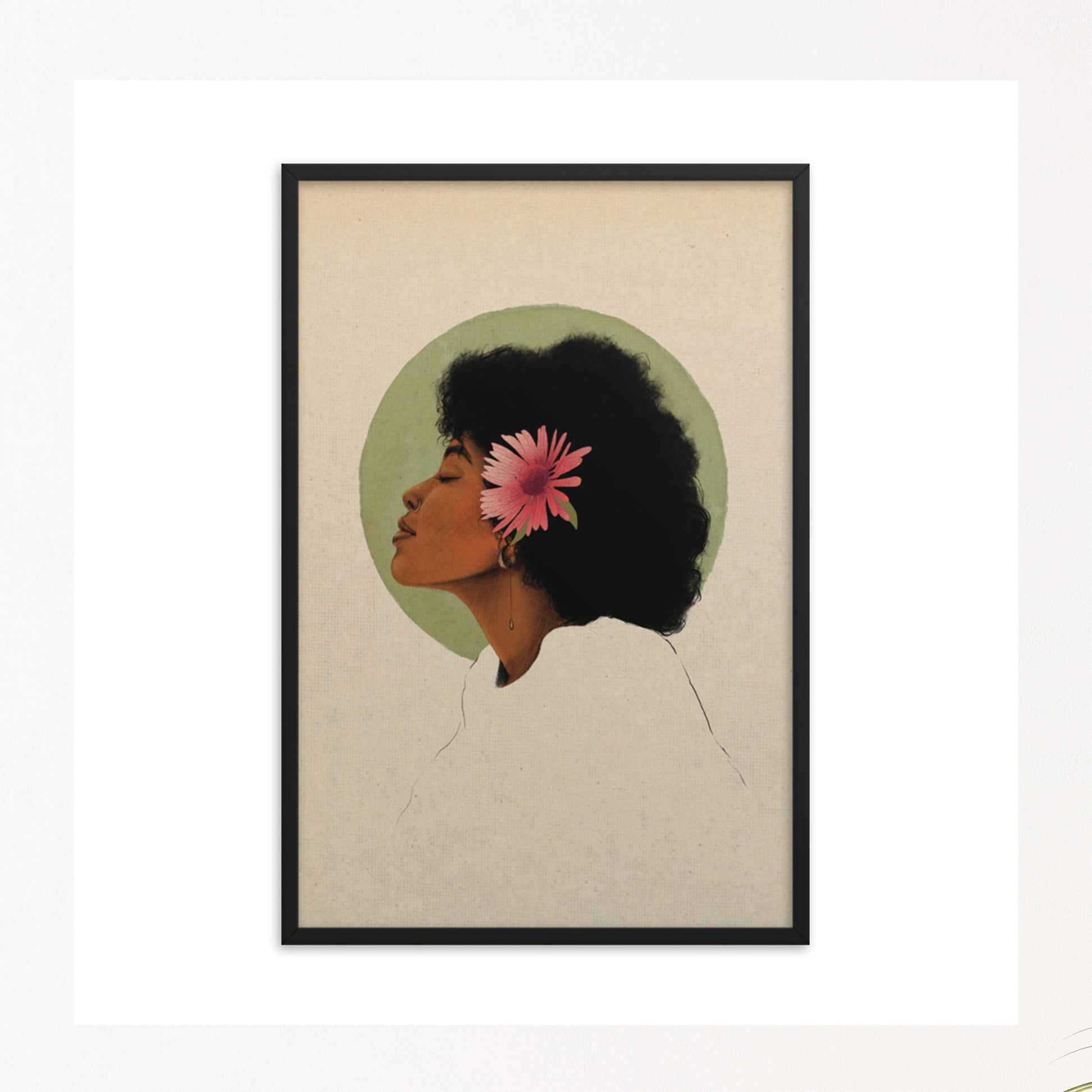 Black Girl with pink flower in her hair in black frame art print