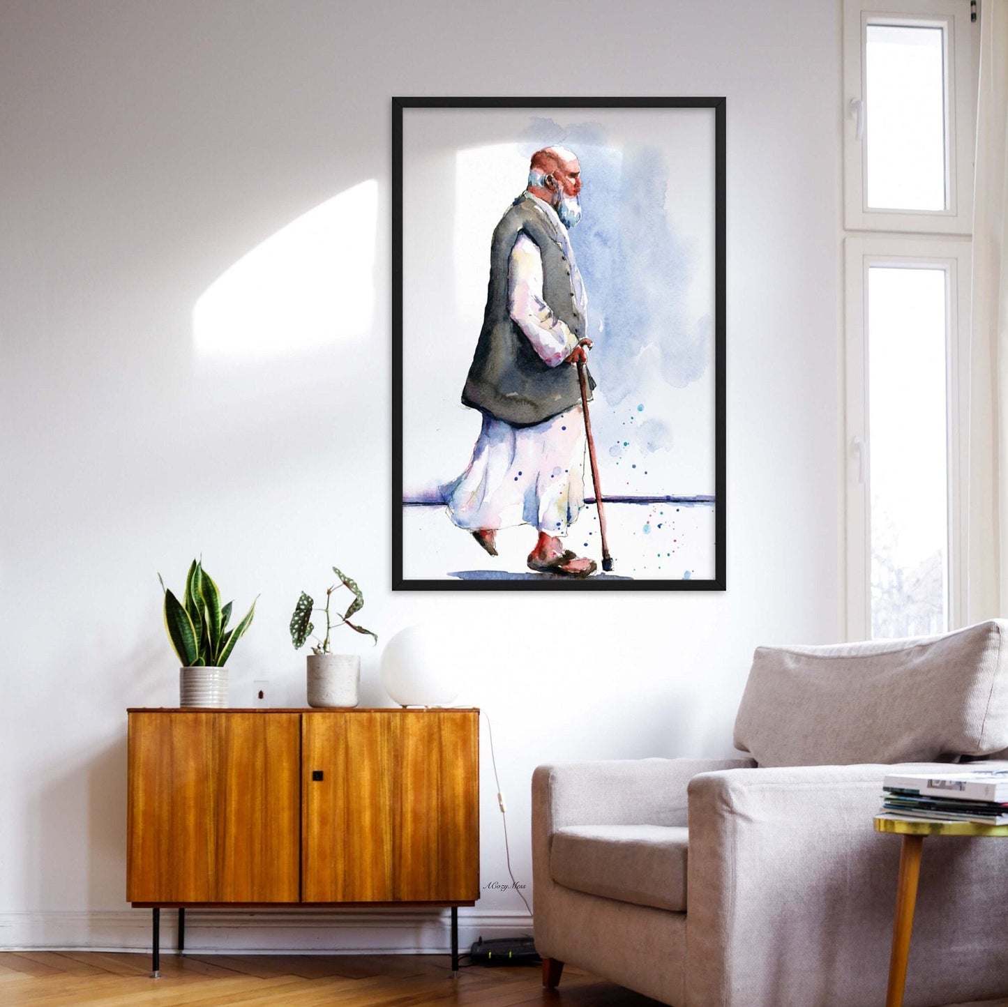 Watercolor Paintings, Fine Art Print, Old man Walking, Poster/Framed Poster/Canvas