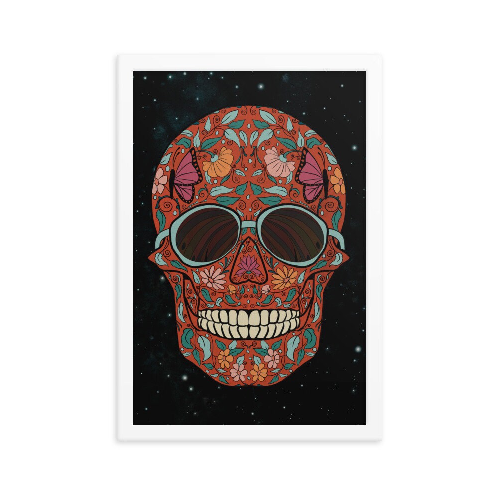 Red Skull colorful art on dark starry background in white wood frame