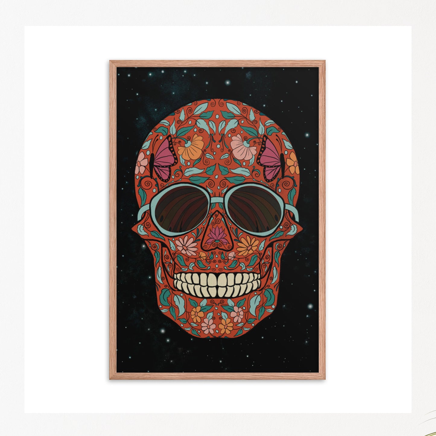 Red Skull colorful art on dark starry background in oak wood frame